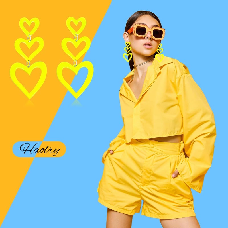 HOLYRY Neon Heart Earrings for Women Acrylic Neon Earrings 80s 90s Outfit for Women Glow Party Accessories Gifts Hot Pink Orange Green Yellow - Image 5
